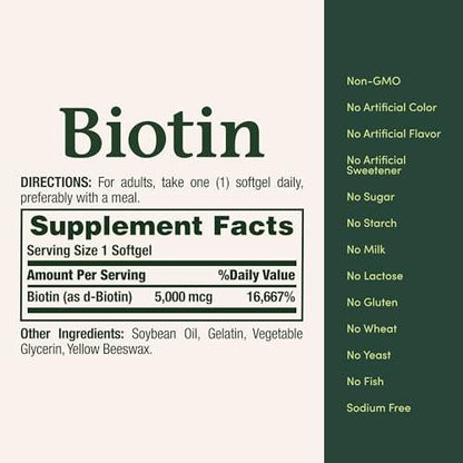 Nature's Bounty Biotin 5000 mcg – 72 Softgels für gesundes Haar, Haut und Nägel sowie Zellenergie