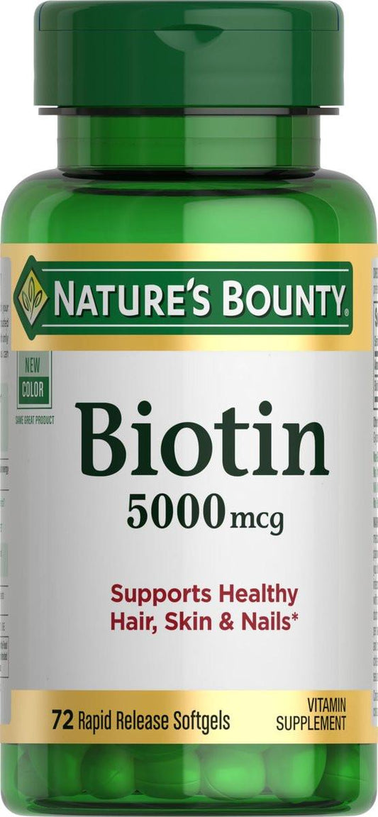 Nature's Bounty Biotin 5000 mcg – 72 Softgels für gesundes Haar, Haut und Nägel sowie Zellenergie