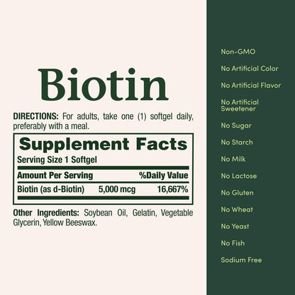 Nature's Bounty Biotin 5000 mcg – 72 Softgels für gesundes Haar, Haut und Nägel sowie Zellenergie