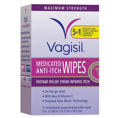 Vagisil Anti-Juckreiz medizinische Intimtücher für Frauen, maximale Stärke, gynäkologisch getestet, 12 Tücher (1er-Pack)