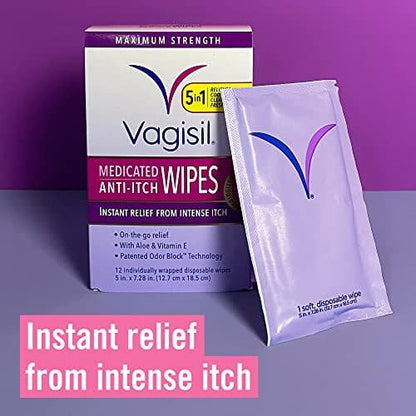 Vagisil Anti-Juckreiz medizinische Intimtücher für Frauen, maximale Stärke, gynäkologisch getestet, 12 Tücher (1er-Pack)