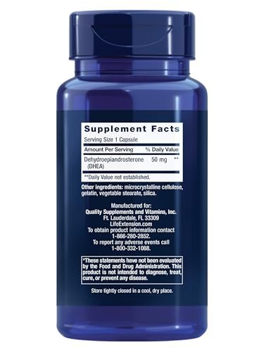Life Extension DHEA 50 mg – Hormonhaushalt, Gedächtnis, Muskelmasse & Knochendichte, Libido, 60 Kapseln