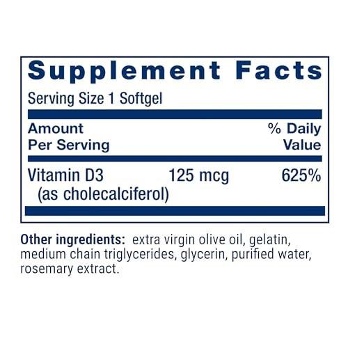 Life Extension Vitamin D3 125 mcg (5000 IE) – Knochengesundheit, Gehirnleistung, Immunsystem, glutenfrei, nicht-GVO, einmal täglich, Zweimonatsvorrat, 60 Softgels