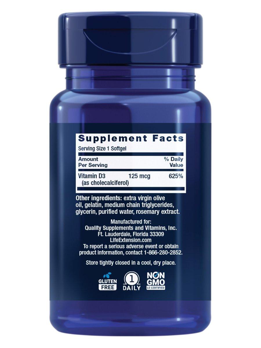 Life Extension Vitamin D3 125 mcg (5000 IE) – Knochengesundheit, Gehirnleistung, Immunsystem, glutenfrei, nicht-GVO, einmal täglich, Zweimonatsvorrat, 60 Softgels