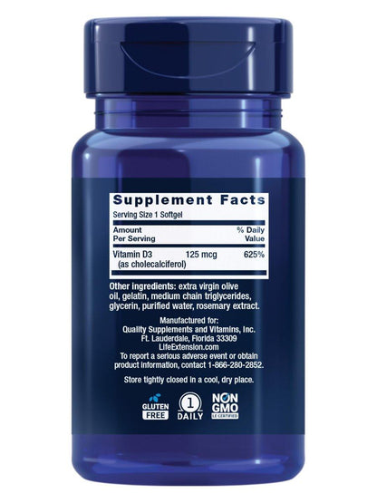Life Extension Vitamin D3 125 mcg (5000 IE) – Knochengesundheit, Gehirnleistung, Immunsystem, glutenfrei, nicht-GVO, einmal täglich, Zweimonatsvorrat, 60 Softgels