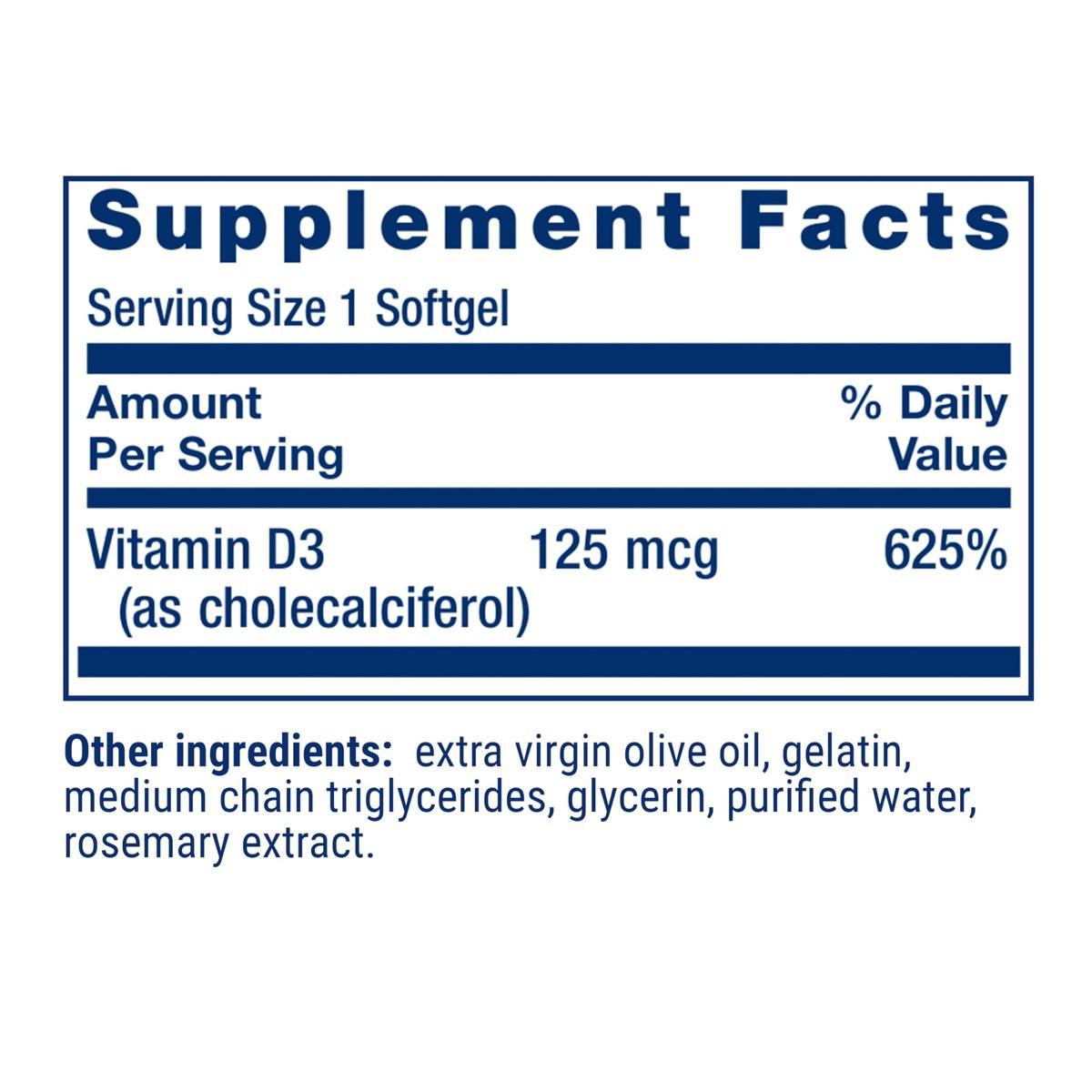 Life Extension Vitamin D3 125 mcg (5000 IE) – Knochengesundheit, Gehirnleistung, Immunsystem, glutenfrei, nicht-GVO, einmal täglich, Zweimonatsvorrat, 60 Softgels