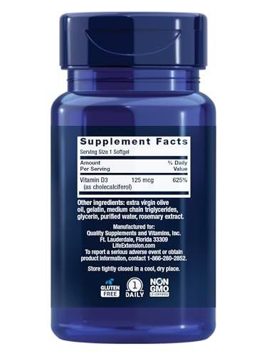 Life Extension Vitamin D3 125 mcg (5000 IE) – Knochengesundheit, Gehirnleistung, Immunsystem, glutenfrei, nicht-GVO, einmal täglich, Zweimonatsvorrat, 60 Softgels