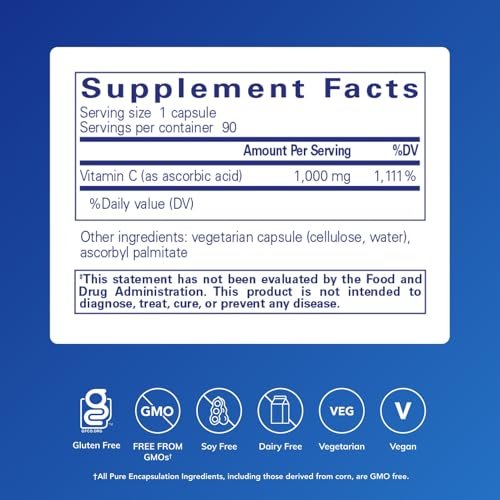 Pure Encapsulations Ascorbic Acid Kapseln - 1.000 mg Vitamin C - Antioxidans & Immununterstützung - Hochdosiertes Vitamin C - Vegan & Non-GMO - 90 Kapseln