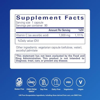 Pure Encapsulations Ascorbic Acid Kapseln - 1.000 mg Vitamin C - Antioxidans & Immununterstützung - Hochdosiertes Vitamin C - Vegan & Non-GMO - 90 Kapseln