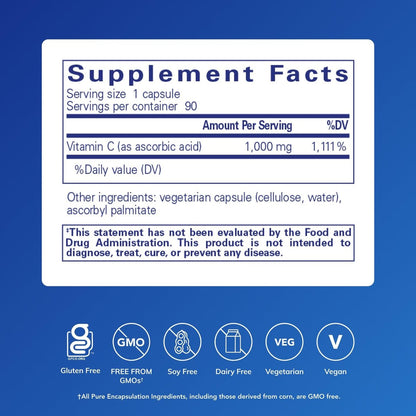 Pure Encapsulations Ascorbic Acid Kapseln - 1.000 mg Vitamin C - Antioxidans & Immununterstützung - Hochdosiertes Vitamin C - Vegan & Non-GMO - 90 Kapseln