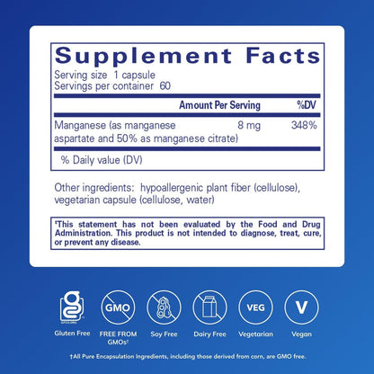 Pure Encapsulations Mangan (Aspartat/Citrat) – Hypoallergenes Spurenelement für Bindegewebe und Knochen, 60 Kapseln