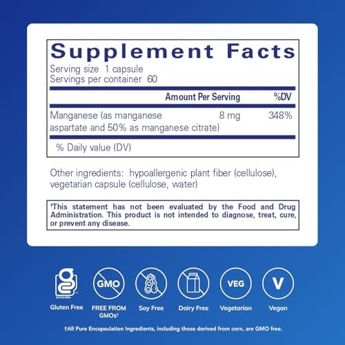 Pure Encapsulations Mangan (Aspartat/Citrat) – Hypoallergenes Spurenelement für Bindegewebe und Knochen, 60 Kapseln