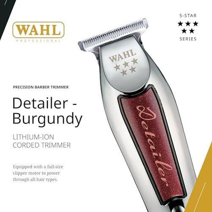 Wahl Professional Detailer Trimmer, Burgunderrot, verstellbarer T-Blade, kabelgebundener leichter Rotationsmotor, inklusive 3 Führungen und Zubehör