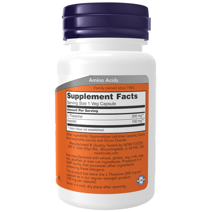 NOW Foods L-Theanin 200 mg mit Inositol, Stressmanagement*, 60 vegane Kapseln