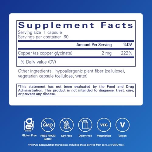 Pure Encapsulations Kupferglycinat 60 Kapseln - 2 mg Kupfer zur Unterstützung der Bildung roter Blutkörperchen* - Fördert den Energiestoffwechsel - Nicht-GVO & vegan