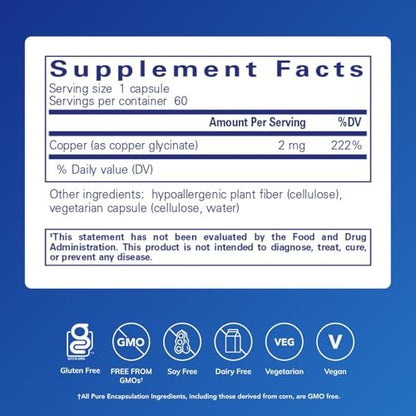 Pure Encapsulations Kupferglycinat 60 Kapseln - 2 mg Kupfer zur Unterstützung der Bildung roter Blutkörperchen* - Fördert den Energiestoffwechsel - Nicht-GVO & vegan