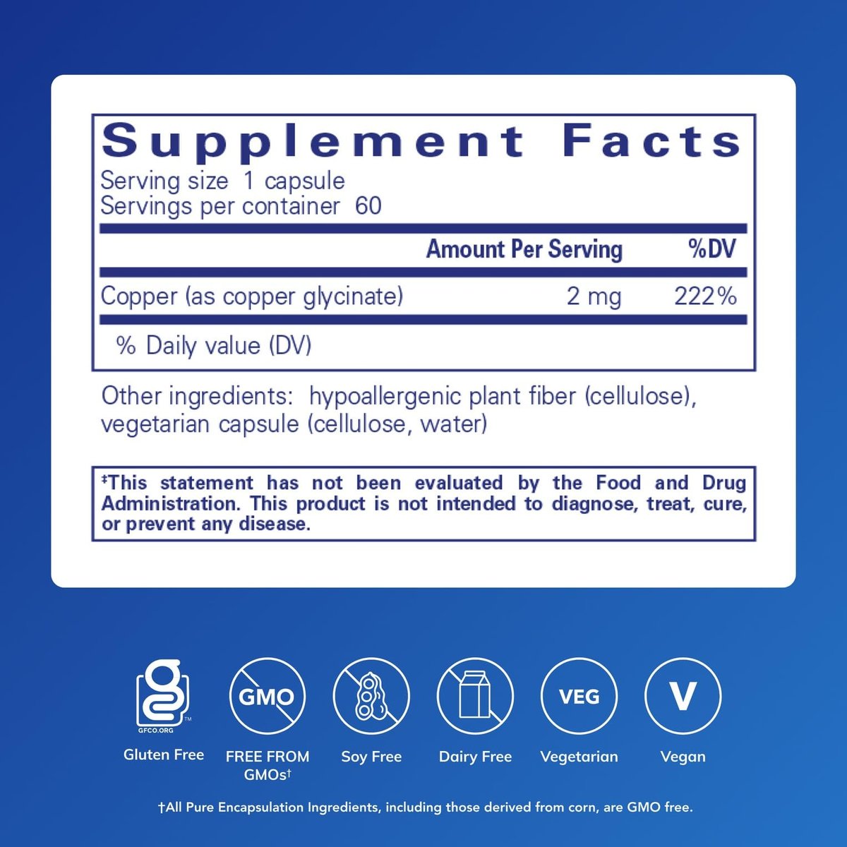 Pure Encapsulations Kupferglycinat 60 Kapseln - 2 mg Kupfer zur Unterstützung der Bildung roter Blutkörperchen* - Fördert den Energiestoffwechsel - Nicht-GVO & vegan