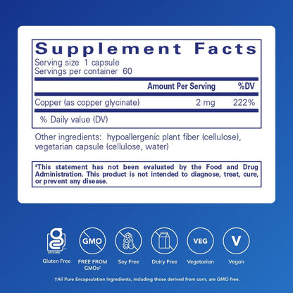 Pure Encapsulations Kupferglycinat 60 Kapseln - 2 mg Kupfer zur Unterstützung der Bildung roter Blutkörperchen* - Fördert den Energiestoffwechsel - Nicht-GVO & vegan