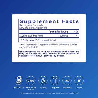 Pure Encapsulations L-Lysin – Essentielles Aminosäurepräparat für Immununterstützung & Lippen- und Zahnfleischgesundheit* – mit L-Lysin HCl – 90 Kapseln