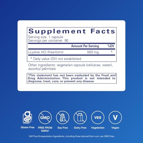 Pure Encapsulations L-Lysin – Essentielles Aminosäurepräparat für Immununterstützung & Lippen- und Zahnfleischgesundheit* – mit L-Lysin HCl – 90 Kapseln