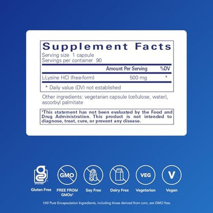 Pure Encapsulations L-Lysin – Essentielles Aminosäurepräparat für Immununterstützung & Lippen- und Zahnfleischgesundheit* – mit L-Lysin HCl – 90 Kapseln