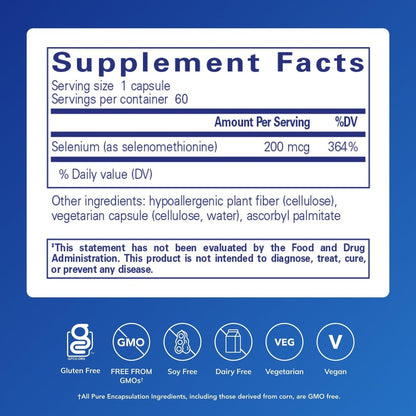 Pure Encapsulations Selen 200 mcg – 60 Kapseln – Für gesunde Zellfunktion, Immunsystem & antioxidative Abwehr – veganes & glutenfreies Mineralstoffpräparat