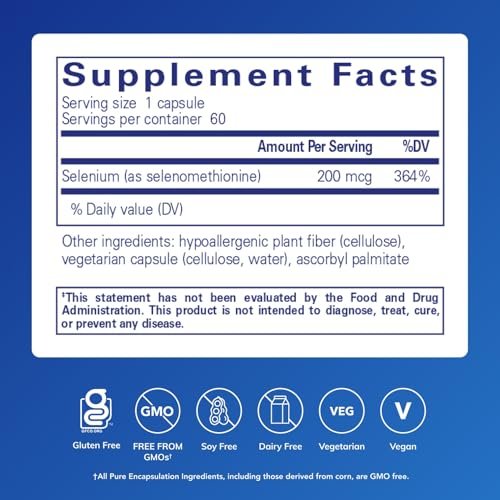 Pure Encapsulations Selen 200 mcg – 60 Kapseln – Für gesunde Zellfunktion, Immunsystem & antioxidative Abwehr – veganes & glutenfreies Mineralstoffpräparat