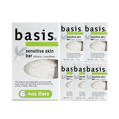 Basis Sensitive Skin Bar Seife – Unparfümierte Pflegeseife mit Kamille und Aloe Vera für Gesicht, Hände und Körper, 6er Pack (4 oz pro Stück)