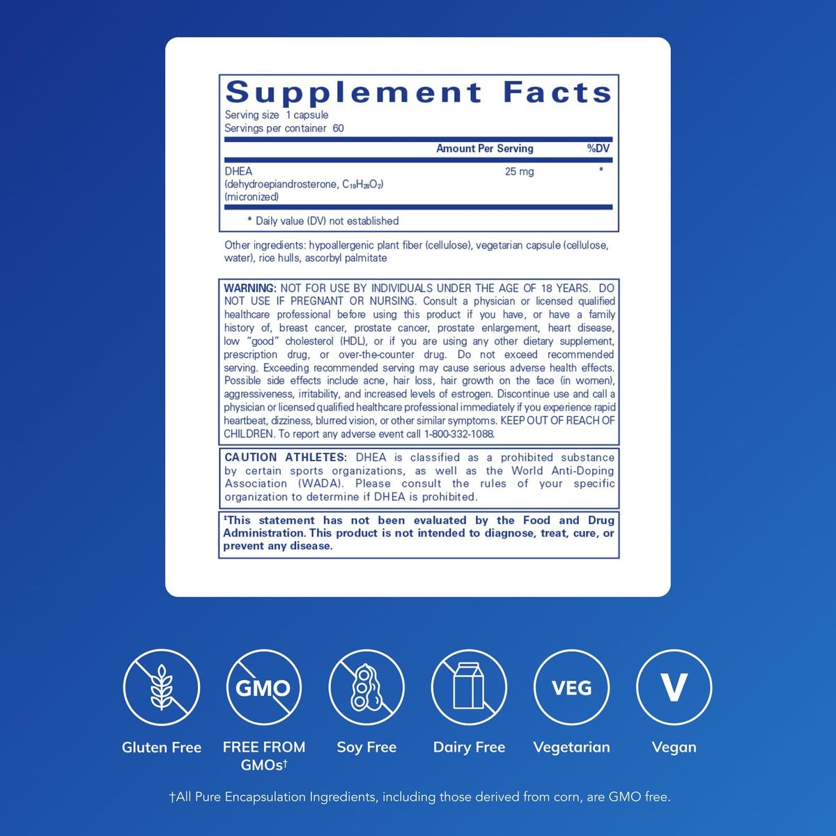 Pure Encapsulations DHEA 25 mg – Nahrungsergänzungsmittel für Immununterstützung, Hormonbalance, Stoffwechsel und Energie – mit mikronisiertem DHEA – 60 Kapseln