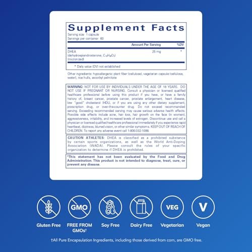 Pure Encapsulations DHEA 25 mg – Nahrungsergänzungsmittel für Immununterstützung, Hormonbalance, Stoffwechsel und Energie – mit mikronisiertem DHEA – 60 Kapseln