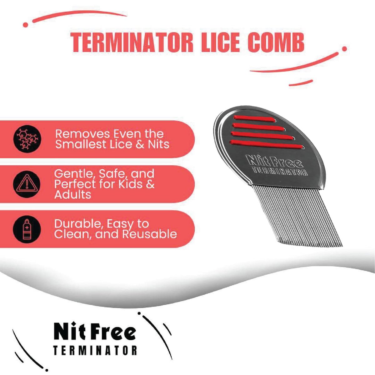 Nit Free Terminator Läusekamm - Professioneller Edelstahlkamm für effektive Kopflausbehandlung (Farbe kann variieren) (1 Packung)
