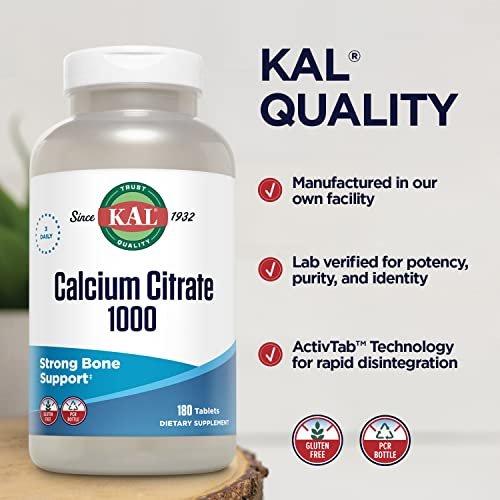 KAL Calcium Citrat 1000mg – Calcium für Knochen, Zähne, Nerven, Muskeln & Herz-Kreislauf-System – 180 Tabletten