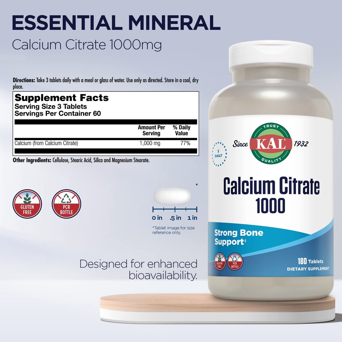 KAL Calcium Citrat 1000mg – Calcium für Knochen, Zähne, Nerven, Muskeln & Herz-Kreislauf-System – 180 Tabletten