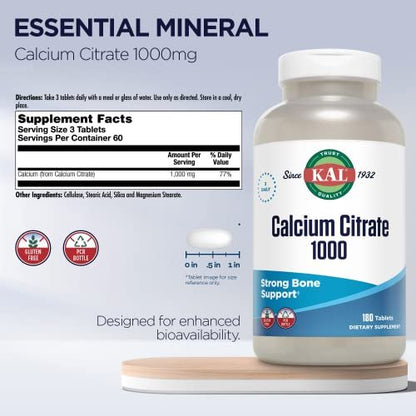 KAL Calcium Citrat 1000mg – Calcium für Knochen, Zähne, Nerven, Muskeln & Herz-Kreislauf-System – 180 Tabletten