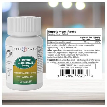 Gericare Ferrous Gluconat 27mg Eisen Tabletten – Sanftes tägliches Eisenpräparat für gesunde Eisenwerte und natürliche Energie, leicht verdaulich, 100 Stück (1er-Pack)
