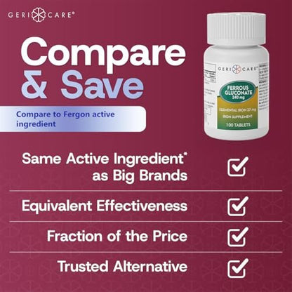Gericare Ferrous Gluconat 27mg Eisen Tabletten – Sanftes tägliches Eisenpräparat für gesunde Eisenwerte und natürliche Energie, leicht verdaulich, 100 Stück (1er-Pack)