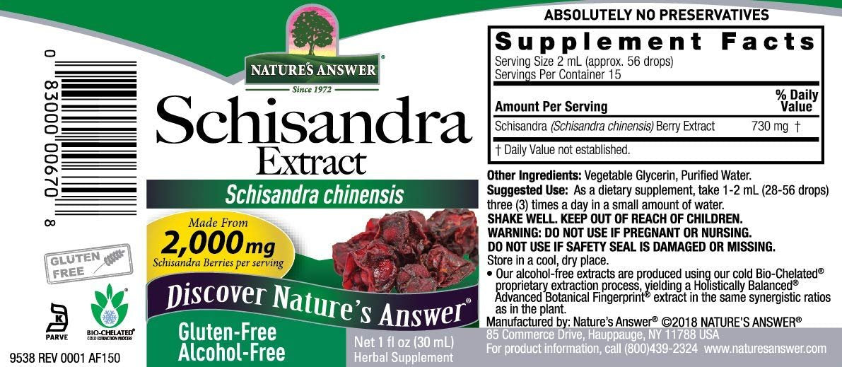 Nature's Answer Schisandra Beeren Extrakt - Alkoholfrei, Glutenfrei - Unterstützung bei Stress, Müdigkeit und Entspannung - Hergestellt in den USA - Nahrungsergänzungsmittel für die Nebennieren