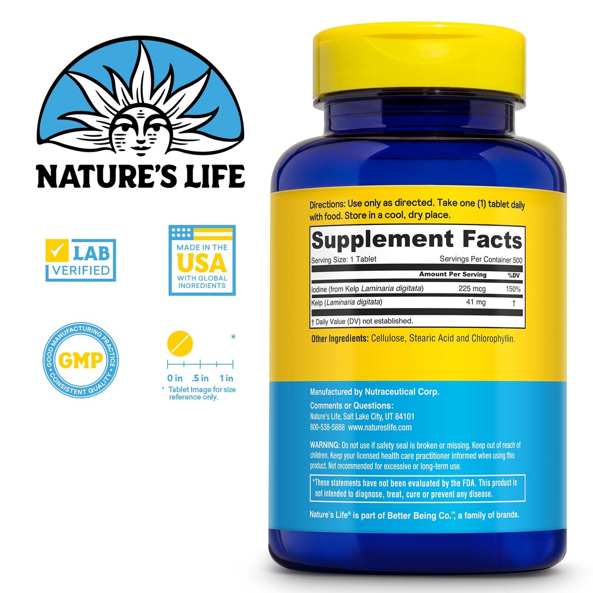 Nature’s Life Isländischer Seetang 41 mg – Jodtabletten, Seetang Nahrungsergänzungsmittel zur Unterstützung der Schilddrüse, natürlich, glutenfrei, nicht-GVO, grünes Superfood, 225 mcg Jod – 500 Tabletten (500 Portionen)