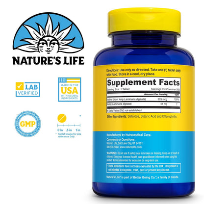 Nature’s Life Isländischer Seetang 41 mg – Jodtabletten, Seetang Nahrungsergänzungsmittel zur Unterstützung der Schilddrüse, natürlich, glutenfrei, nicht-GVO, grünes Superfood, 225 mcg Jod – 500 Tabletten (500 Portionen)
