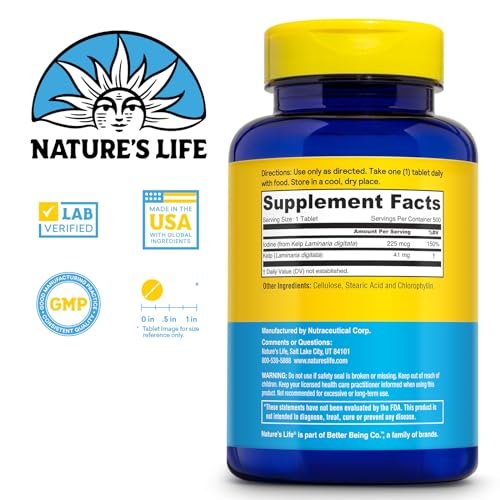Nature’s Life Isländischer Seetang 41 mg – Jodtabletten, Seetang Nahrungsergänzungsmittel zur Unterstützung der Schilddrüse, natürlich, glutenfrei, nicht-GVO, grünes Superfood, 225 mcg Jod – 500 Tabletten (500 Portionen)
