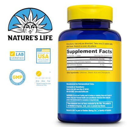 Nature’s Life Isländischer Seetang 41 mg – Jodtabletten, Seetang Nahrungsergänzungsmittel zur Unterstützung der Schilddrüse, natürlich, glutenfrei, nicht-GVO, grünes Superfood, 225 mcg Jod – 500 Tabletten (500 Portionen)