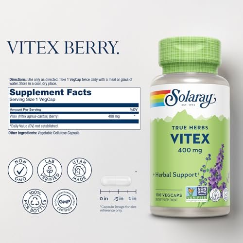 SOLARAY Vitex Berry 400mg – Hormonausgleich für Frauen – Unterstützung bei Menstruation & Wechseljahren, 100 Kapseln