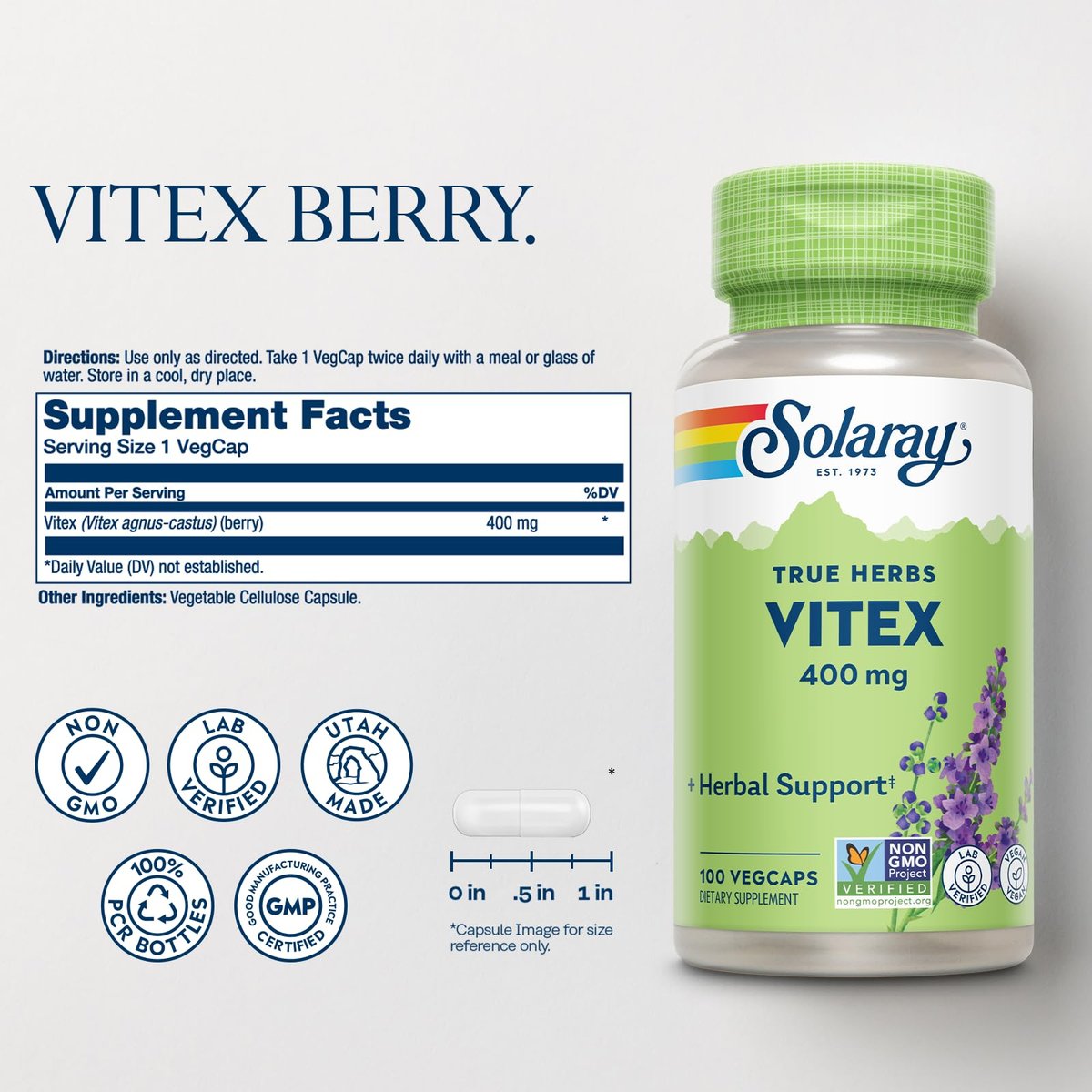 SOLARAY Vitex Berry 400mg – Hormonausgleich für Frauen – Unterstützung bei Menstruation & Wechseljahren, 100 Kapseln