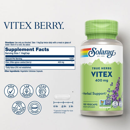 SOLARAY Vitex Berry 400mg – Hormonausgleich für Frauen – Unterstützung bei Menstruation & Wechseljahren, 100 Kapseln