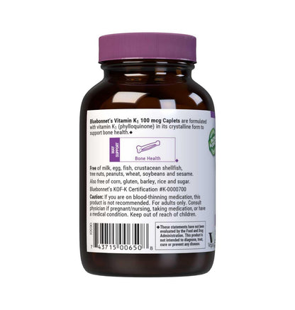 Bluebonnet Vitamin K1 100 mcg – Phyllochinon-Kristall-Vitamin K für die Knochengesundheit – Non-GMO, koscher zertifiziert, glutenfrei, laktosefrei – 100 vegane Kapseln
