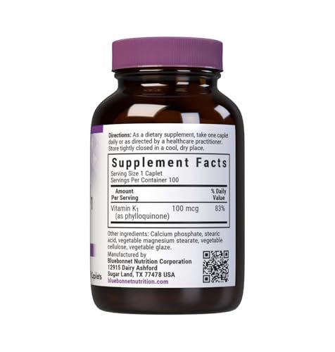 Bluebonnet Vitamin K1 100 mcg – Phyllochinon-Kristall-Vitamin K für die Knochengesundheit – Non-GMO, koscher zertifiziert, glutenfrei, laktosefrei – 100 vegane Kapseln