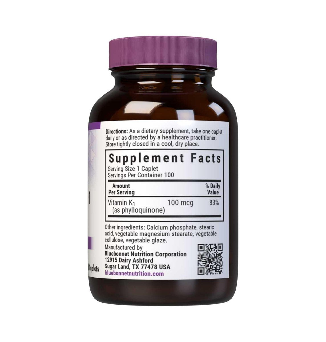 Bluebonnet Vitamin K1 100 mcg – Phyllochinon-Kristall-Vitamin K für die Knochengesundheit – Non-GMO, koscher zertifiziert, glutenfrei, laktosefrei – 100 vegane Kapseln