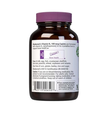 Bluebonnet Vitamin K1 100 mcg – Phyllochinon-Kristall-Vitamin K für die Knochengesundheit – Non-GMO, koscher zertifiziert, glutenfrei, laktosefrei – 100 vegane Kapseln