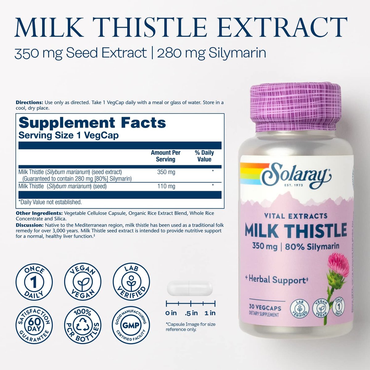 SOLARAY Mariendistel Samenextrakt 350 mg – garantiert 80 % Silymarin – traditionelle Leberunterstützung – vegan & laborgeprüft – 60 Tage Geld-zurück-Garantie – 30 Portionen – 30 VegKaps