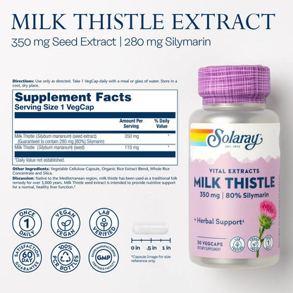 SOLARAY Mariendistel Samenextrakt 350 mg – garantiert 80 % Silymarin – traditionelle Leberunterstützung – vegan & laborgeprüft – 60 Tage Geld-zurück-Garantie – 30 Portionen – 30 VegKaps